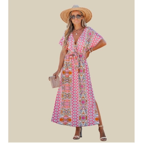 Cupshe Dresses & Skirts - Cupshe Tiered Maxi Dress Large Pink V-Neck Elastic Waist Side Slits NWT Boho